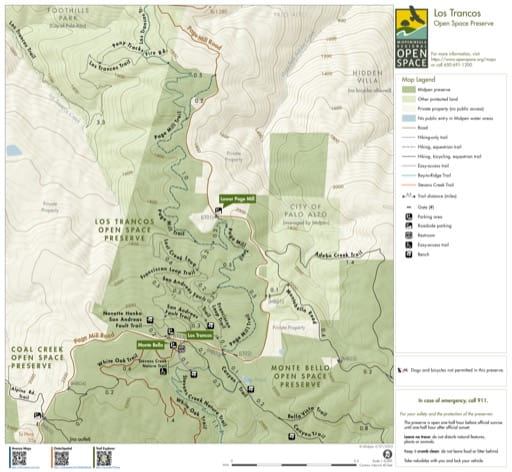 Trail Map of Los Trancos Open Space Preserve (OSP) in California. Published by the Midpeninsula Regional Open Space District.