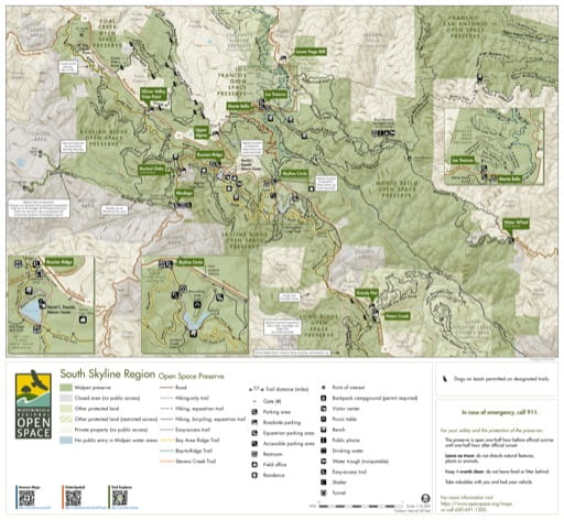 Trail Map of South Skyline Region Open Space Preserve (OSP) in California. Published by the Midpeninsula Regional Open Space District.