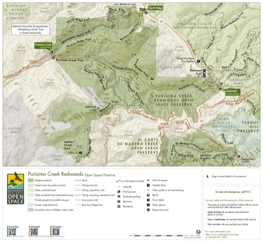 Trail Map of Purisima Creek Redwoods Open Space Preserve (OSP) in California. Published by the Midpeninsula Regional Open Space District.