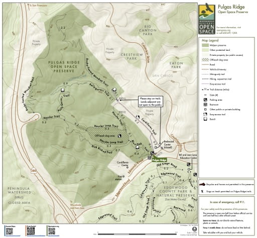 Trail Map of Pulgas Ridge Open Space Preserve (OSP) in California. Published by the Midpeninsula Regional Open Space District.