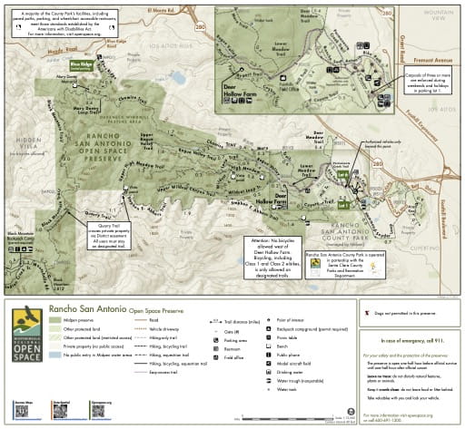 Trail Map of Rancho San Antonio Open Space Preserve (OSP) in California. Published by the Midpeninsula Regional Open Space District.