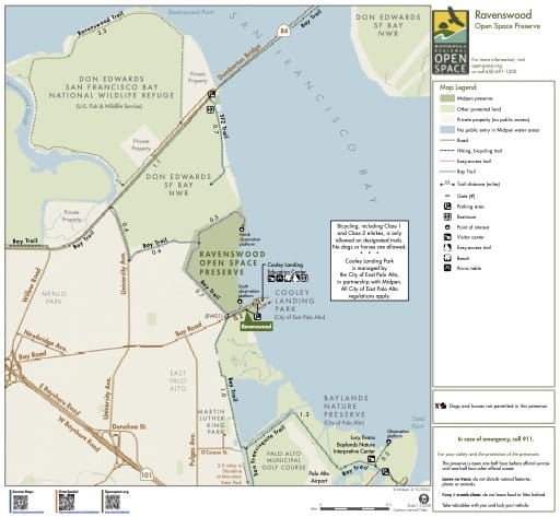 Trail Map of Ravenswood Open Space Preserve (OSP) in California. Published by the Midpeninsula Regional Open Space District.