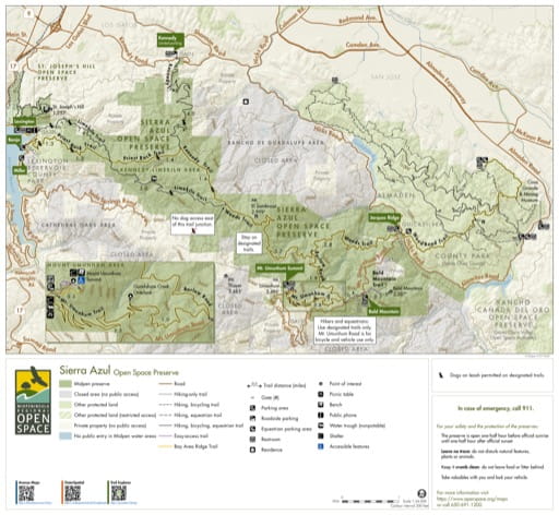 Trail Map of Sierra Azul Open Space Preserve (OSP) in California. Published by the Midpeninsula Regional Open Space District.