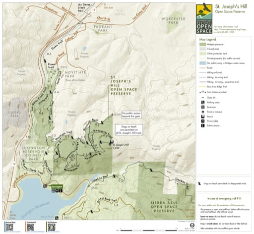 Trail Map of St. Joseph's Hill Open Space Preserve (OSP) in California. Published by the Midpeninsula Regional Open Space District.