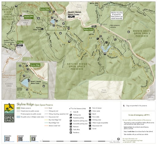 Trail Map of Skyline Ridge Open Space Preserve (OSP) in California. Published by the Midpeninsula Regional Open Space District.