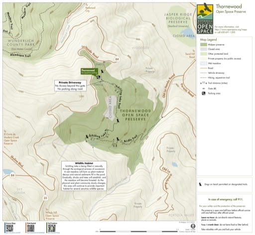 Trail Map of Thornewood Open Space Preserve (OSP) in California. Published by the Midpeninsula Regional Open Space District.