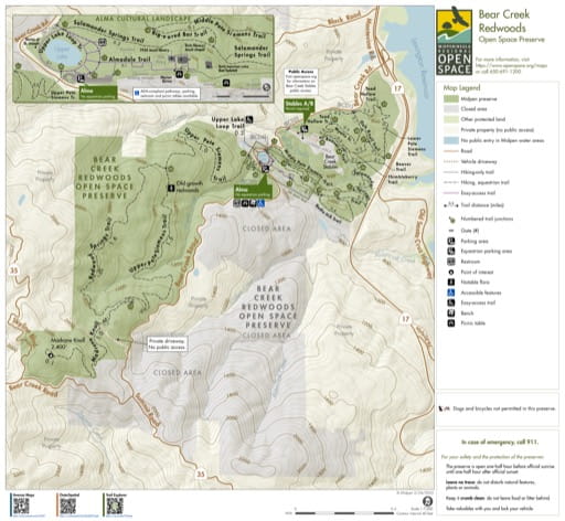 Trail Map of Bear Creek Redwoods Open Space Preserve (OSP) in Midpeninsula Regional Open Space in California. Published by the Midpeninsula Regional Open Space District.