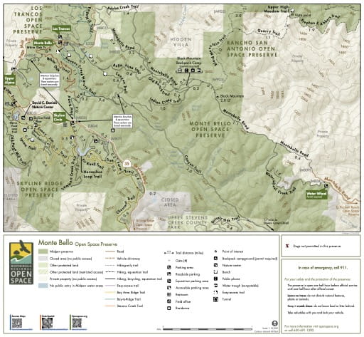 Trail Map of Monte Bello Open Space Preserve (OSP) in Midpeninsula Regional Open Space in California. Published by the Midpeninsula Regional Open Space District.