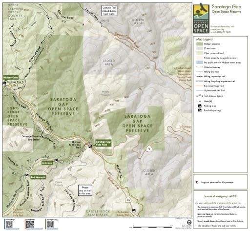 Trail Map of Saratoga Gap Open Space Preserve (OSP) in California. Published by the Midpeninsula Regional Open Space District.