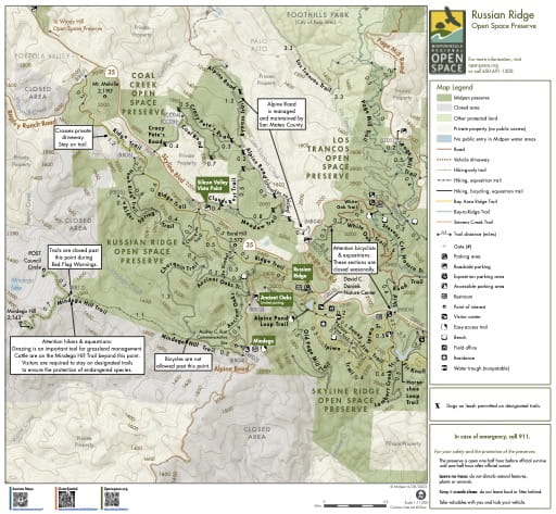 Trail Map of Russian Ridge Open Space Preserve (OSP) in California. Published by the Midpeninsula Regional Open Space District.