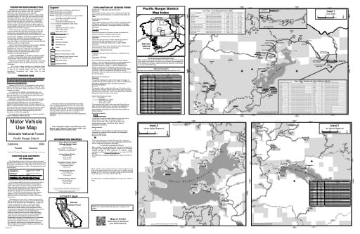 Motor Vehicle Use Map (MVUM) inset of Pacific Ranger District in Eldorado National Forest (NF) in California. Published by the U.S. Forest Service (USFS).