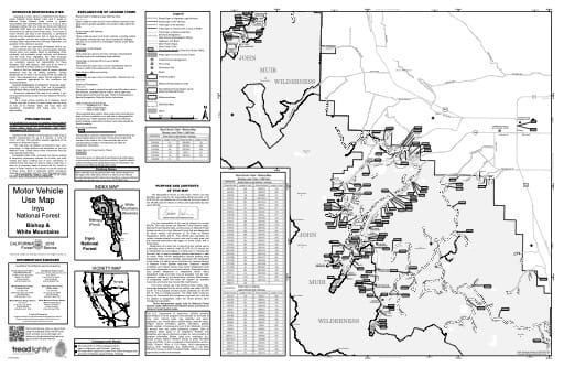 Motor Vehicle Use Map (MVUM) of the Bishop area in Inyo National Forest (NF) in California. Published by the U.S. Forest Service (USFS).