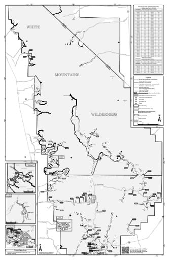 Motor Vehicle Use Map (MVUM) of the White Mountains area in Inyo National Forest (NF) in California. Published by the U.S. Forest Service (USFS).