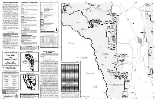 Motor Vehicle Use Map (MVUM) of the Big Pine area in Inyo National Forest (NF) in California. Published by the U.S. Forest Service (USFS).