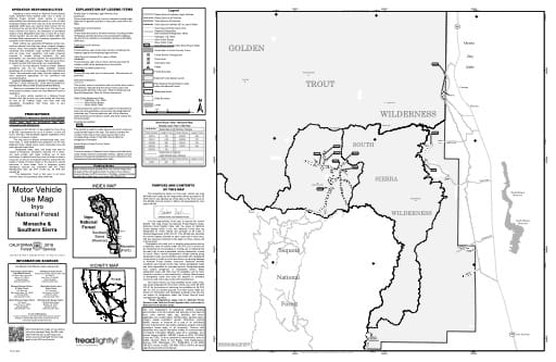 Motor Vehicle Use Map (MVUM) of the Monache area in Inyo National Forest (NF) in California. Published by the U.S. Forest Service (USFS).