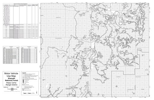 Motor Vehicle Use Map (MVUM) of Happy Camp Ranger District South in Klamath National Forest (NF) in California. Published by the U.S. Forest Service (USFS).