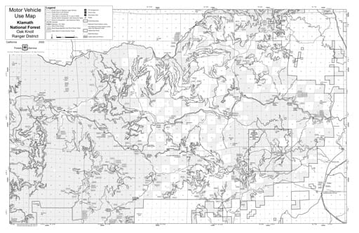 Motor Vehicle Use Map (MVUM) of Oak Knoll Ranger District South in Klamath National Forest (NF) in California. Published by the U.S. Forest Service (USFS).