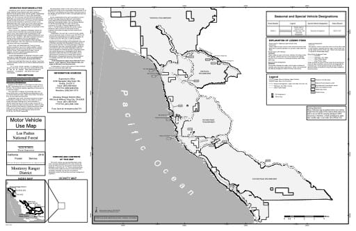 Motor Vehicle Use Map (MVUM) of the Southern part of the Monterey Ranger District (RD) of Los Padres National Forest (NF) in California. Published by the U.S. Forest Service (USFS).