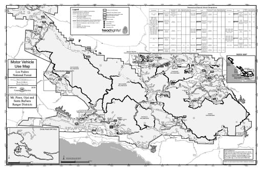 Motor Vehicle Use Map (MVUM) of Mt. Pinos, Ojai and Santa Barbara Ranger Districts (RD) of Los Padres National Forest (NF) in California. Published by the U.S. Forest Service (USFS).