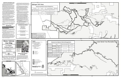 Motor Vehicle Use Map (MVUM) of the Ballinger Off-Highway Vehicle area (OHV) in the Los Padres National Forest (NF) in California. Published by the U.S. Forest Service (USFS).