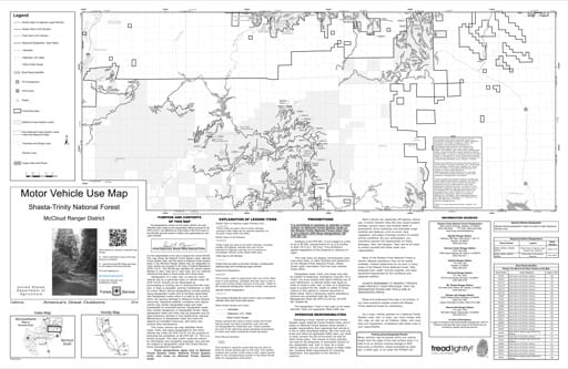 Motor Vehicle Use Map (MVUM) of McCloud Ranger District South in Shasta-Trinity National Forest (NF) in California. Published by the U.S. Forest Service (USFS).