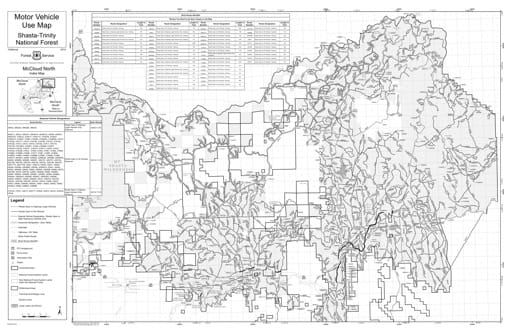 Motor Vehicle Use Map (MVUM) of McCloud Ranger District North in Shasta-Trinity National Forest (NF) in California. Published by the U.S. Forest Service (USFS).