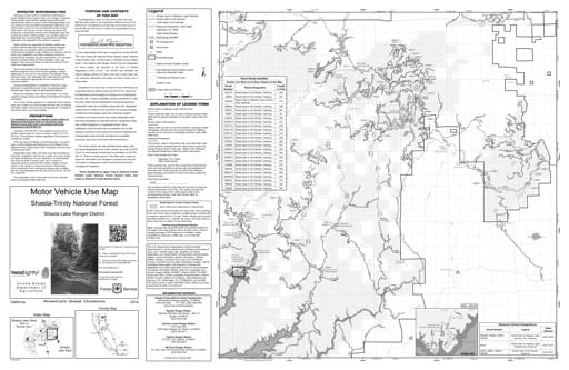 Motor Vehicle Use Map (MVUM) of Shasta Lake Ranger District East in Shasta-Trinity National Forest (NF) in California. Published by the U.S. Forest Service (USFS).