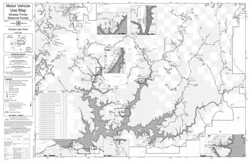 Motor Vehicle Use Map (MVUM) of Shasta Lake Ranger District West in Shasta-Trinity National Forest (NF) in California. Published by the U.S. Forest Service (USFS).