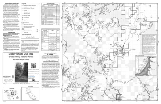 Motor Vehicle Use Map (MVUM) of Mt. Shasta Ranger District South in Shasta-Trinity National Forest (NF) in California. Published by the U.S. Forest Service (USFS).