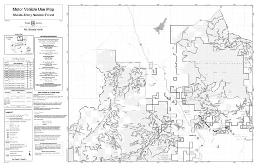 Motor Vehicle Use Map (MVUM) of Mt. Shasta Ranger District North in Shasta-Trinity National Forest (NF) in California. Published by the U.S. Forest Service (USFS).