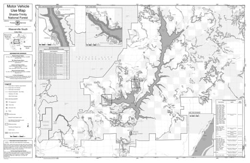 Motor Vehicle Use Map (MVUM) of Weaverville Ranger District South in Shasta-Trinity National Forest (NF) in California. Published by the U.S. Forest Service (USFS).