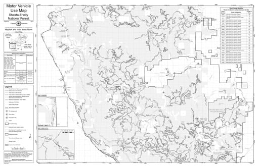 Motor Vehicle Use Map (MVUM) of Hayfork & Yolla Bolla North in Shasta-Trinity National Forest (NF) in California. Published by the U.S. Forest Service (USFS).