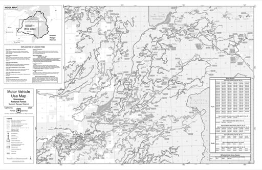 Motor Vehicle Use Map (MVUM) of the southern part of Summit Ranger District in Stanislaus National Forest (NF) in California. Published by the U.S. Forest Service (USFS).