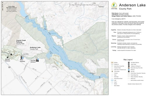 Map of Anderson Lake County Park (CP) in Santa Clara County in California. Published by Santa Clara County Parks.