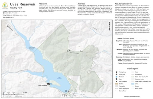 Map of Uvas Reservoir County Park (CP) in Santa Clara County, California. Published by Santa Clara County Parks.
