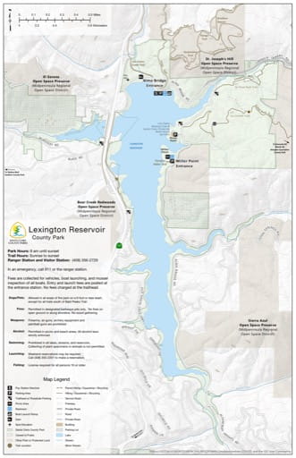 Map of Lexington Reservoir County Park (CP) in Santa Clara County in California. Published by Santa Clara County Parks.