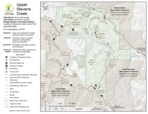 Map of Upper Stevens Creek County Park (CP) in Santa Clara County in California. Published by Santa Clara County Parks.