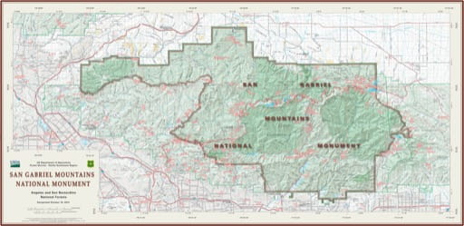 Visitor Map of San Gabriel Mountains National Monument (NM) in Angeles National Forest (NF) in California. Published by the U.S. Forest Service (USFS).