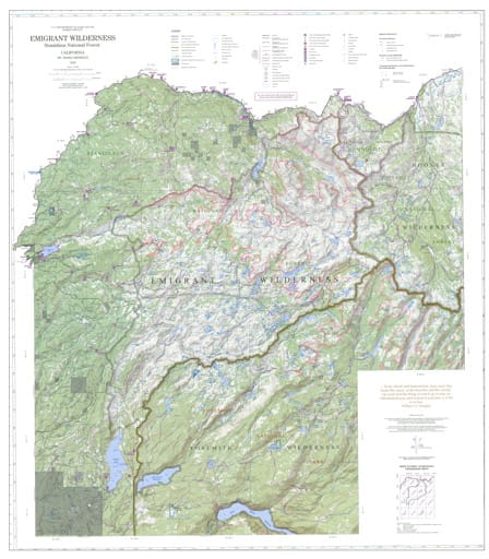 Recreation Map of Emigrant Wilderness in Stanislaus National Forest (NF) in California. Published by the U.S. Forest Service (USFS).