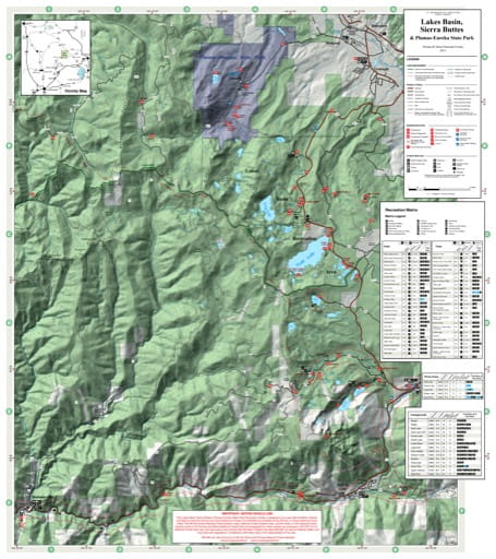 Recreation Map of the Lakes Basin, Sierra Buttes areas in Tahoe National Forest (NF) in California. Published by the U.S. National Forest Service (USFS).