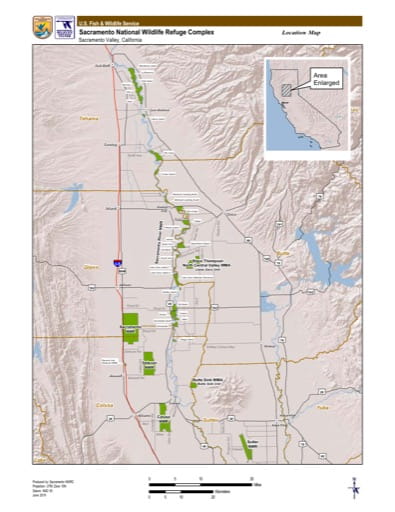 Overview Map of the Sacramento National Wildlife Refuge Complex (NWR) in California. Published by the U.S. Fish & Wildlife Service (USFWS).