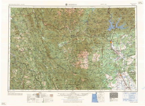Vintage 1958 USGS 1:250000 map of Redding in California. Published by the U.S. Geological Survey (USGS).