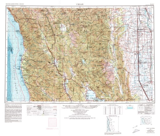 Vintage 1957 USGS 1:250000 map of Ukiah in California. Published by the U.S. Geological Survey (USGS).