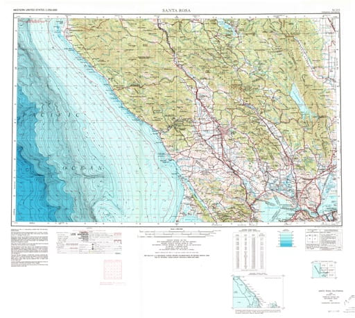 Vintage 1958 USGS 1:250000 map of Santa Rosa in California. Published by the U.S. Geological Survey (USGS).