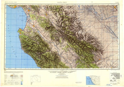 Vintage 1948 USGS 1:250000 map of Santa Cruz in California. Published by the U.S. Geological Survey (USGS).