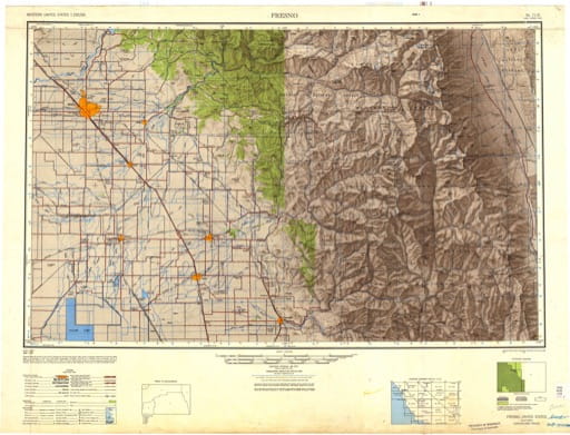 Vintage 1948 USGS 1:250000 map of Fresno in California. Published by the U.S. Geological Survey (USGS).
