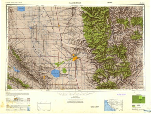 Vintage 1948 USGS 1:250000 map of Bakersfield in California. Published by the U.S. Geological Survey (USGS).