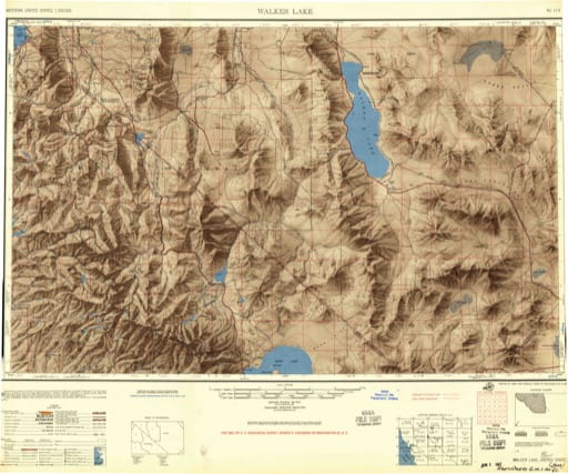 Vintage 1957 USGS 1:250000 map of Walker Lake in Nevada and California. Published by the U.S. Geological Survey (USGS).