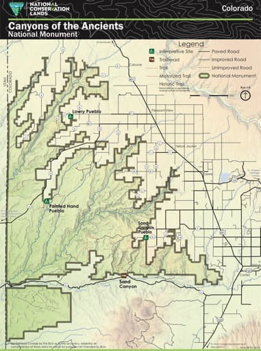 Visitor Map of Canyons of the Ancients National Monument (NM) in Colorado. Published by the Bureau of Land Management (BLM).