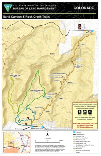 Trails Map of Sand Canyon & Rock Creek Trails in the Canyons of the Ancients National Monument (NM) in Colorado. Published by the Bureau of Land Management (BLM).